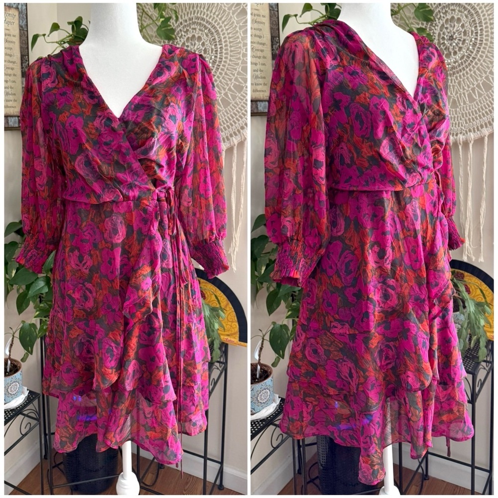 Esqualo Fuchsia Dress Chiffon Floral Wrap Ruffled Layered Balloon Sleeves Size 8 - Picture 2 of 10